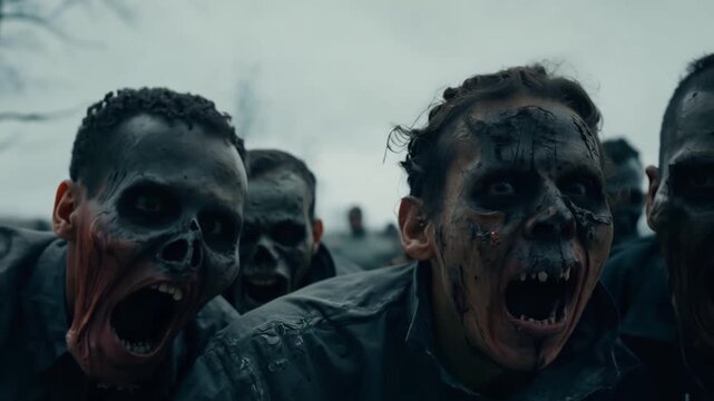 Zombies emerge in a chilling atmosphere, showcasing their terrifying presence in a dark forest