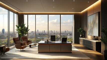 Fototapeta premium Modern office interior overlooking a stunning cityscape at sunset