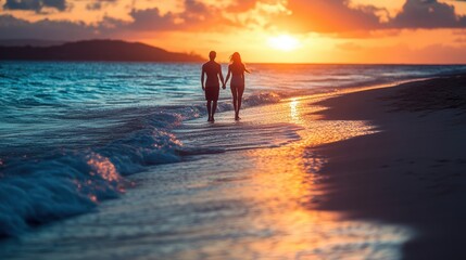 Fototapeta premium Romantic couple walking on the beach at sunset