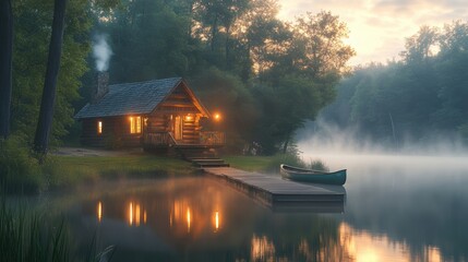 Fototapeta premium Cozy log cabin glowing at dawn with mist rising from lake
