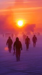 Fototapeta premium Silhouettes of people walking through a hazy desert landscape as the sun sets.