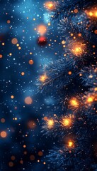 Enchanting holiday scene featuring sparkling lights and soft snowflakes on a beautifully decorated Christmas tree.