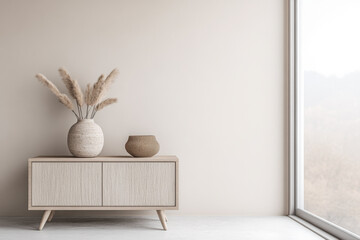 Scandinavian minimalist property interiors in warm neutral tones. Luxury interiors design composition with ample copyspace.
