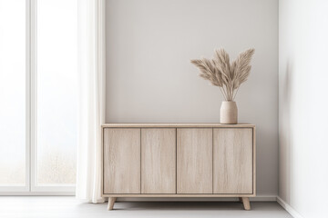 Scandinavian minimalist property interiors in warm neutral tones. Luxury interiors design composition with ample copyspace.