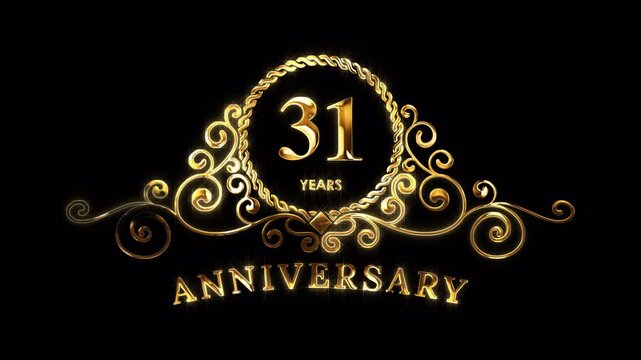 31st Anniversary Celebration. Happy 31 Years Anniversary Animation in Gold Color on the Transparent Background, Alpha Channel. Great for greetings, celebrations, events, and gifts.