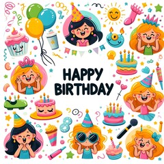 Obraz premium Happy Birthday Card with Cute Cartoon Characters and Festive Decorations