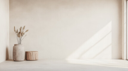 Scandinavian minimalist property interiors in warm neutral tones. Luxury interiors design composition with ample copyspace.