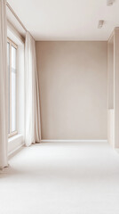 Scandinavian minimalist property interiors in warm neutral tones. Luxury interiors design composition with ample copyspace.