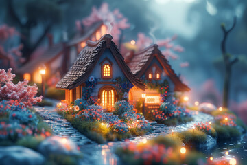 Fototapeta premium Enchanting Fairy Tale Village at Dusk. Fantasy scenery backdrop