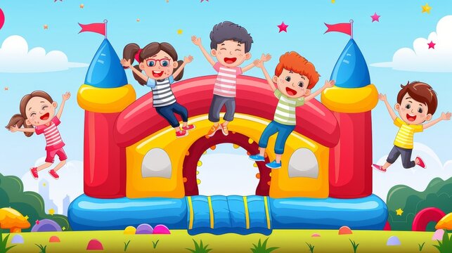 Cartoon vector children playing on a bouncy castle at a carnival