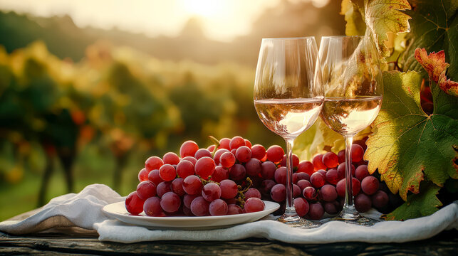 An idyllic scene from an Italian vineyard Two wine glasses and a plate of fresh grapes in the foreground with a picturesque vineyard stretching out in the background. Perfect for showcasing the romanc