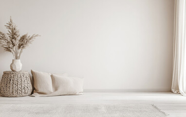 Scandinavian minimalist property interiors in warm neutral tones. Luxury interiors design composition with ample copyspace.