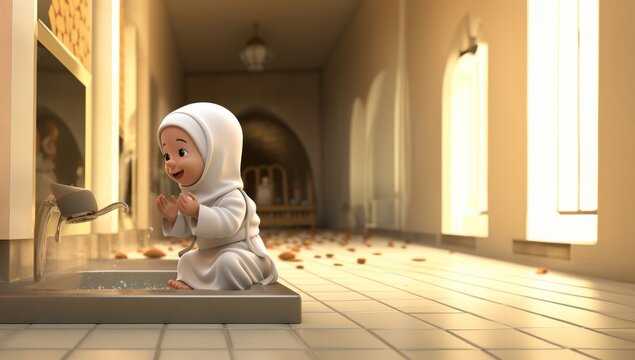 A serene moment captured in a photograph, depicting a little girl engaged in the Islamic ritual of abdest, symbolizing purity and spiritual cleansing before prayer.Generated image