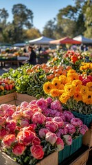 Fototapeta premium Vibrant outdoor market display with fresh flowers and produce