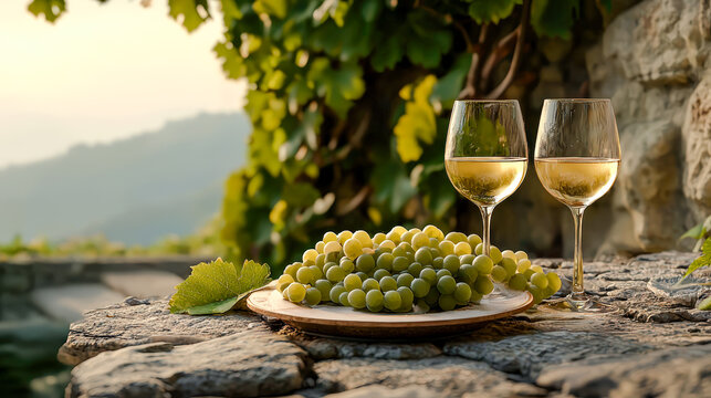 An idyllic scene from an Italian vineyard Two wine glasses and a plate of fresh grapes in the foreground with a picturesque vineyard stretching out in the background. Perfect for showcasing the romanc