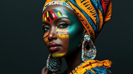 A woman showcases her cultural heritage through striking face and body paint, adorned with traditional jewelry and attire reflecting her tribe's vibrant colors