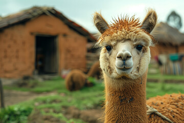 Obraz premium An alpaca in a farmyard. Close up of a llama with a hut in the background.