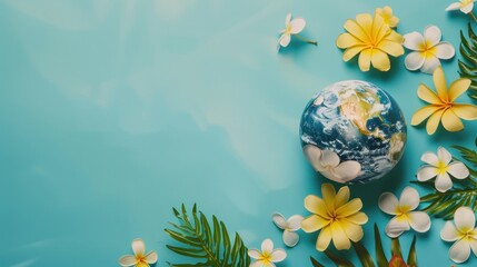 Globe surrounded by tropical flowers and leaves on blue background.