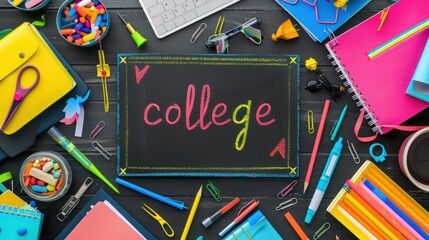 Colorful "college" chalkboard surrounded by vibrant school supplies, celebrating the excitement of a new school year. 