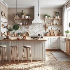 Fototapeta premium Modern Kitchen with White Cabinets, Island, and Chevron Tile Backsplash