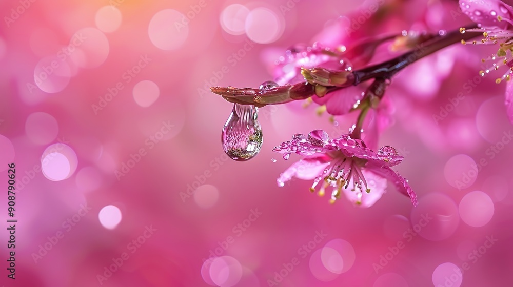 Poster pink sakura branch and water drop on a peaceful spring background, springtime flowers blooming, soft