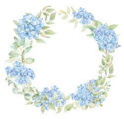 Blue hydrangea wreath, spring floral border PNG, watercolor arrangement  © WonderWonder