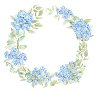 Blue hydrangea wreath, spring floral border PNG, watercolor arrangement 