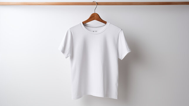 a white T-shirt hanging in a closet, with the focus sharply drawn to the clean lines and simplicity of the garment.
