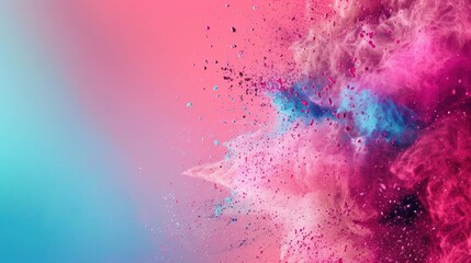 Obraz premium Abstract pink and blue powder explosion on a blue and pink gradient background.
