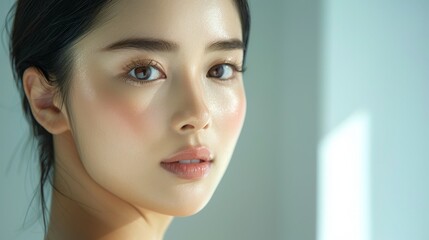 Naklejka premium Sophisticated Showcase: A close-up of an Asian woman with flawless white skin presenting a high-end cosmetic product