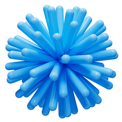 Pompom made from blue plastic sticks. Abstract 3D shape in blue color isolated on transparent background. 3D render. 