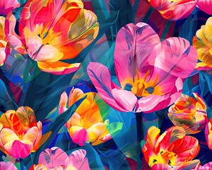Elegant fabric pattern with bright tulips, painterly style, and seamless integration of contrasting hues