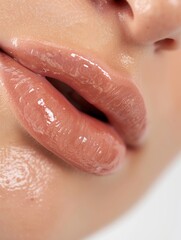 Fototapeta premium A close-up of a person lips. The lips are full and glossy rosa natural. The image should capture the texture and shine of the lips, highlighting the precision of the cosmetic procedure. 
