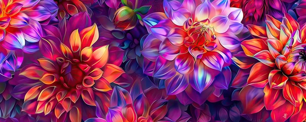 Fototapeta premium Modern floral fabric pattern with radiant dahlias, dynamic colors, and a seamless integration for a bold look