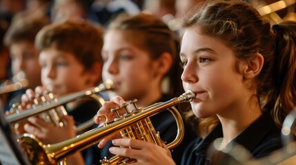 Teenageers playing musical instruments at a concert as a part of the school musical orchestra band