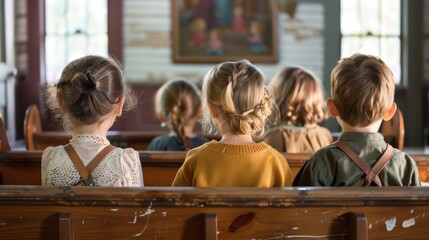 small chidlren sitting on a bench listening to their teacher on a Sunday school meeting