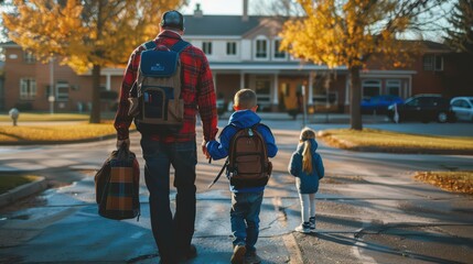parent taking his children to school on a sunny autumn day