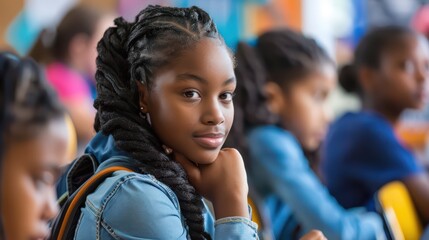 Closeup portrait of a black middle school girl student looking into the camera