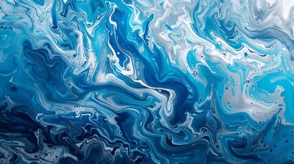 Abstract fluid art painting in blue tones, showcasing swirling patterns and textures that evoke motion and depth.