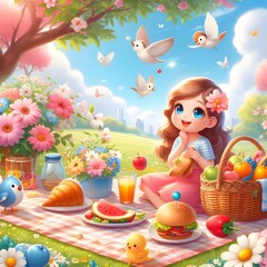 Obraz premium Adorable Girl Enjoying a Summer Picnic with Cute Birds and Delicious Food