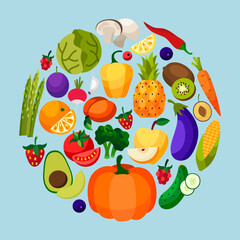 Set of fresh healthy vegetables, fruits and berries isolated. Slices of fruits and vegetables. Flat design. Organic farm illustration.