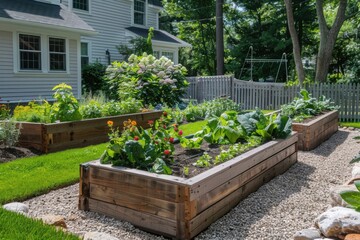 Close up of vegetable garden with raised beds and beautiful flowers in backyard