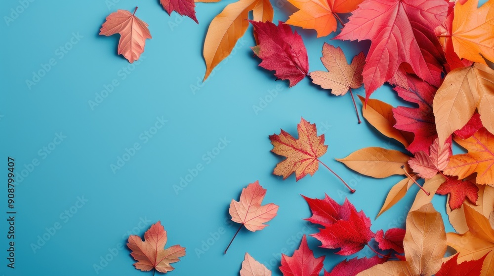 Wall mural Autumn leaves on a blue background.