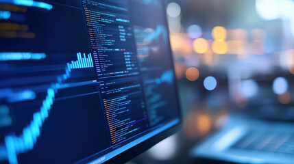 A computer monitor displays a complex code with many lines of text