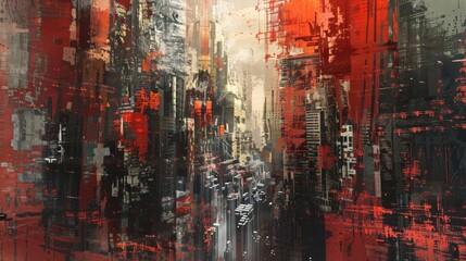 An abstract artwork featuring bold red and black hues that evoke a dynamic cityscape, full of energy and movement.