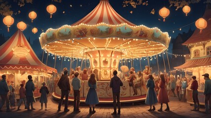  village fair with a merry-go-round