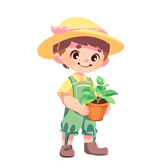 An illustration of a boy gardener wearing a hat, holding a pot with a green plant