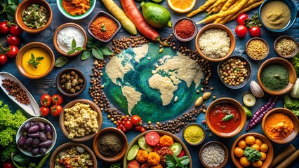 World map made of colorful spices and grains, surrounded by fresh vegetables and herbs, celebrating World Food Day.
