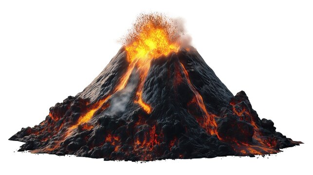 one single erupting volcano mountain isolated on white background