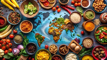 World Food Day concept with global map made from various grains and spices, surrounded by fresh vegetables and herbs on blue wooden background